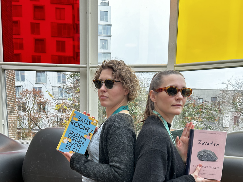 Ditte og Mie står i Glashjørnet på Hovedbiblioteket med hver deres bog, som kendte Hollywoodstjerner er blevet spottet med. De har begge solbriller på. De poserer ryg mod ryg og ser smarte ud.