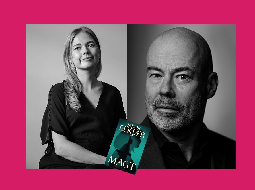 Portrætter af Jacob Elkjær og Katrine Vraa Justenborg og forsidebilledet af Jacob Elkjærs bog "Magt"
